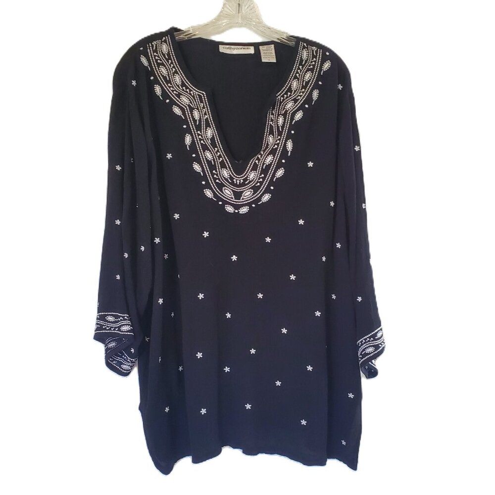 Cathy Daniels Boho Black Embroidered Top Size 1X